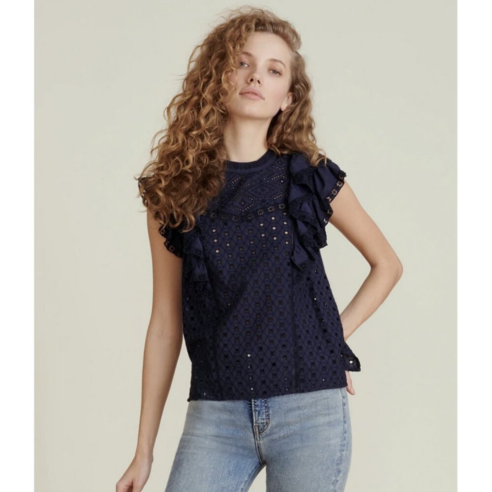 Veronica Beard Sz. 00 Jie Ruffle Eyelet Top in Navy